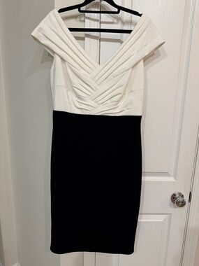 Tadashi Shoji Black and White Off-Shoulder Sheath Dress